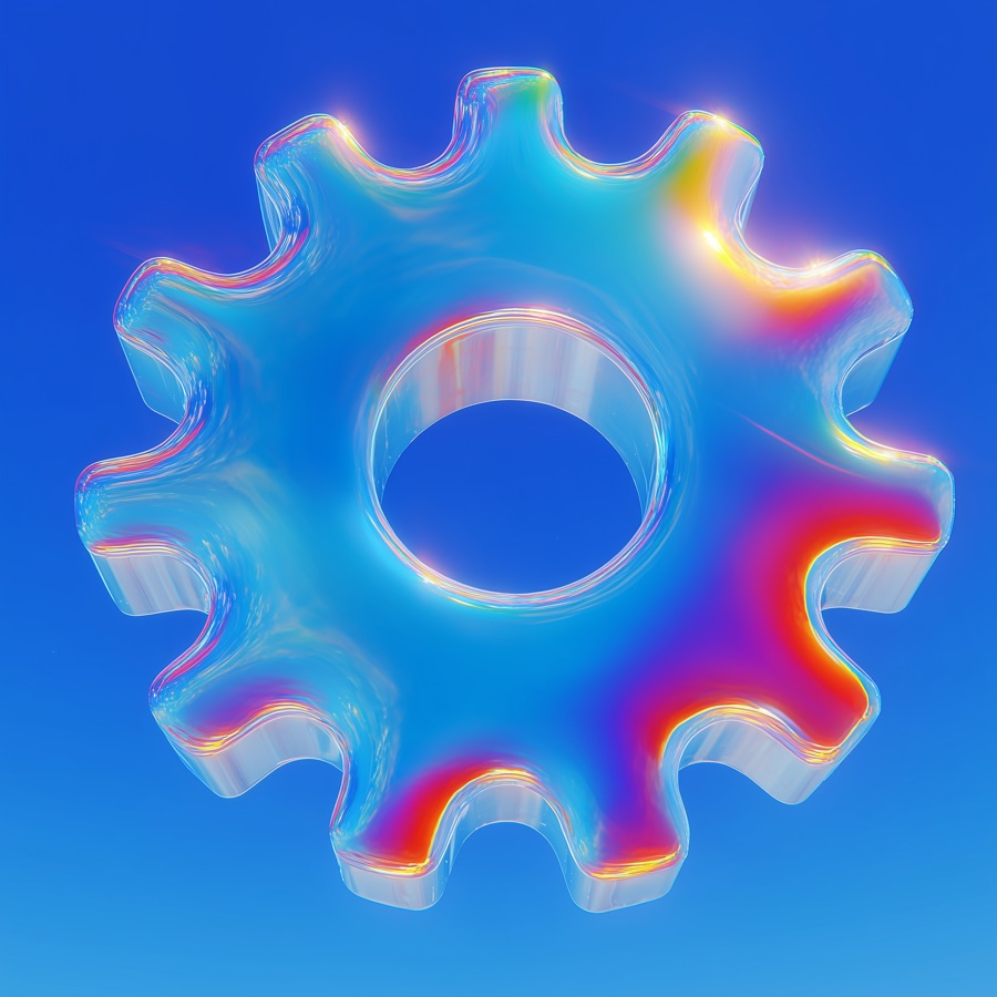 A glass cogwheel glowing with spectral colour on a blue field.