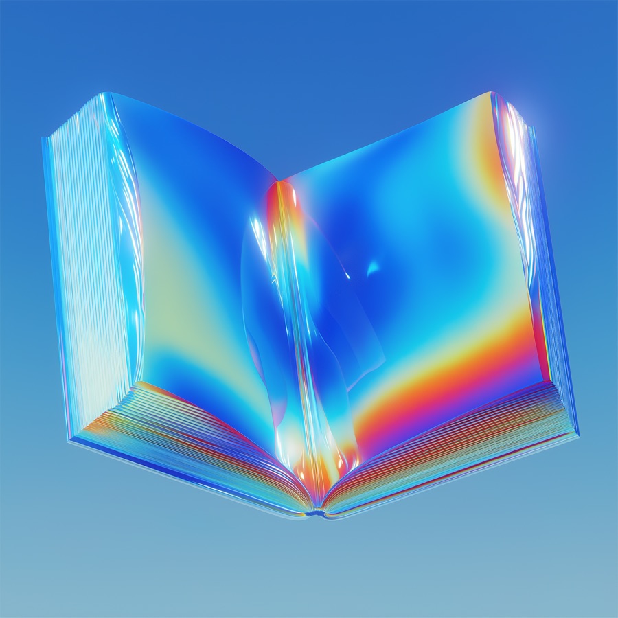 An open book rendered in iridescent glass.