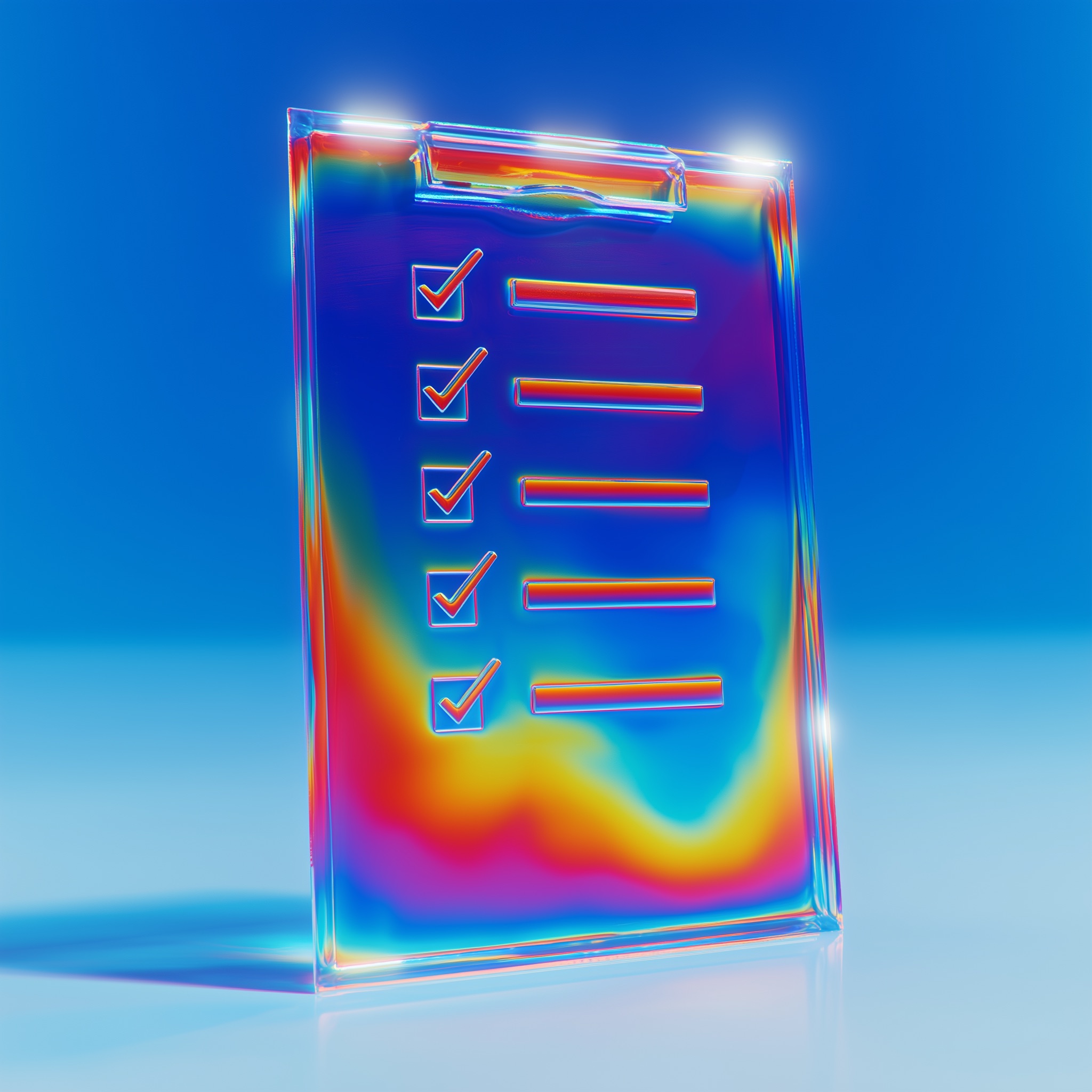 A glass clipboard with every box ticked, iridescent on a blue field.