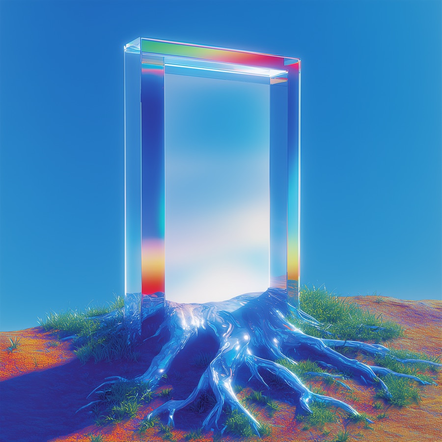 A glass doorway rooted into the ground by glowing blue roots.